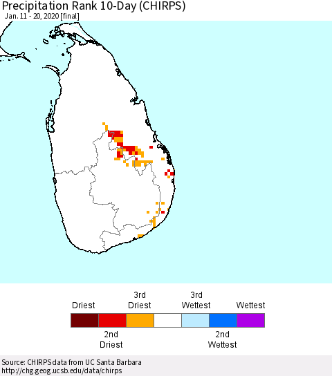 Sri Lanka Precipitation Rank since 1981, 10-Day (CHIRPS) Thematic Map For 1/11/2020 - 1/20/2020