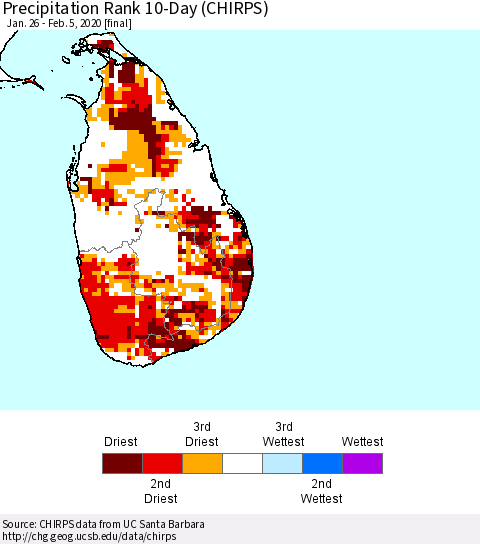 Sri Lanka Precipitation Rank since 1981, 10-Day (CHIRPS) Thematic Map For 1/26/2020 - 2/5/2020