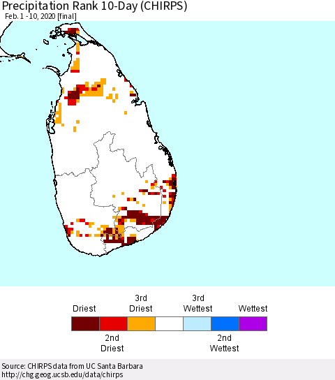 Sri Lanka Precipitation Rank since 1981, 10-Day (CHIRPS) Thematic Map For 2/1/2020 - 2/10/2020