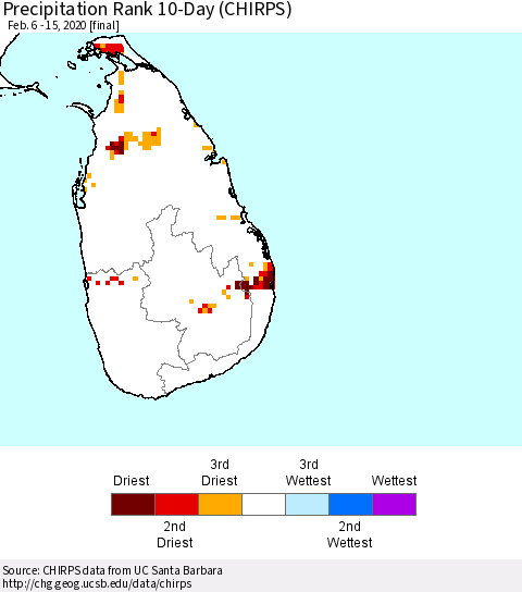 Sri Lanka Precipitation Rank since 1981, 10-Day (CHIRPS) Thematic Map For 2/6/2020 - 2/15/2020