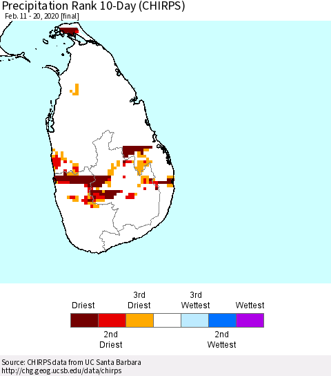 Sri Lanka Precipitation Rank since 1981, 10-Day (CHIRPS) Thematic Map For 2/11/2020 - 2/20/2020