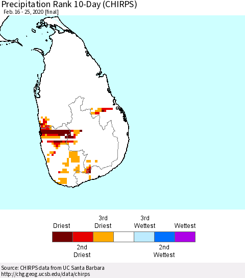 Sri Lanka Precipitation Rank since 1981, 10-Day (CHIRPS) Thematic Map For 2/16/2020 - 2/25/2020
