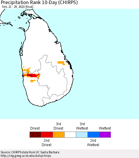 Sri Lanka Precipitation Rank since 1981, 10-Day (CHIRPS) Thematic Map For 2/21/2020 - 2/29/2020