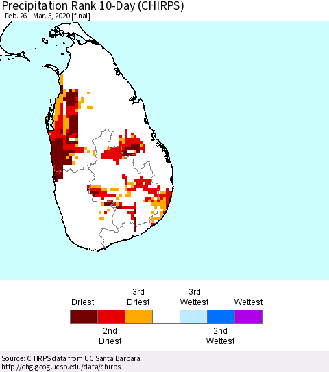 Sri Lanka Precipitation Rank since 1981, 10-Day (CHIRPS) Thematic Map For 2/26/2020 - 3/5/2020