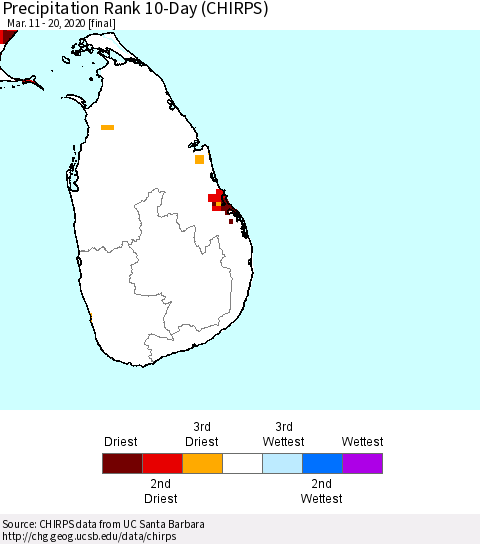 Sri Lanka Precipitation Rank 10-Day (CHIRPS) Thematic Map For 3/11/2020 - 3/20/2020