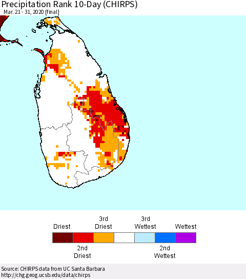 Sri Lanka Precipitation Rank 10-Day (CHIRPS) Thematic Map For 3/21/2020 - 3/31/2020