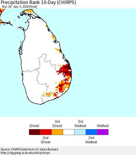 Sri Lanka Precipitation Rank since 1981, 10-Day (CHIRPS) Thematic Map For 3/26/2020 - 4/5/2020