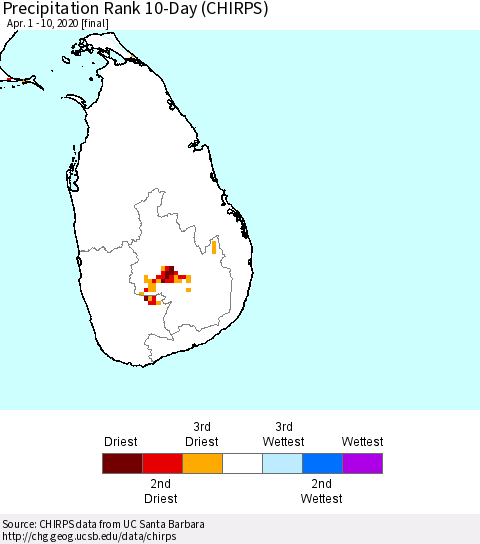 Sri Lanka Precipitation Rank since 1981, 10-Day (CHIRPS) Thematic Map For 4/1/2020 - 4/10/2020