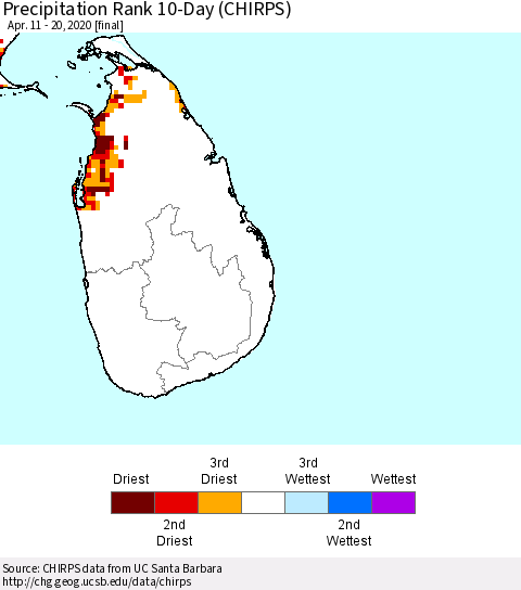 Sri Lanka Precipitation Rank since 1981, 10-Day (CHIRPS) Thematic Map For 4/11/2020 - 4/20/2020
