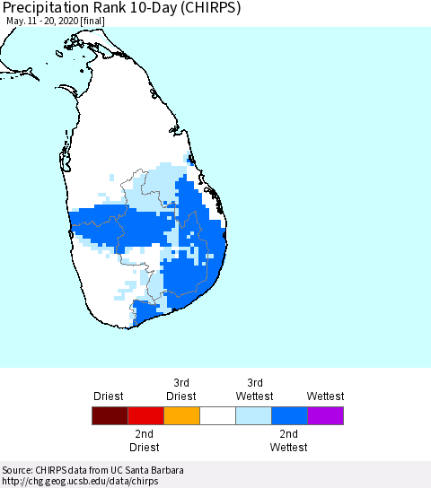Sri Lanka Precipitation Rank 10-Day (CHIRPS) Thematic Map For 5/11/2020 - 5/20/2020