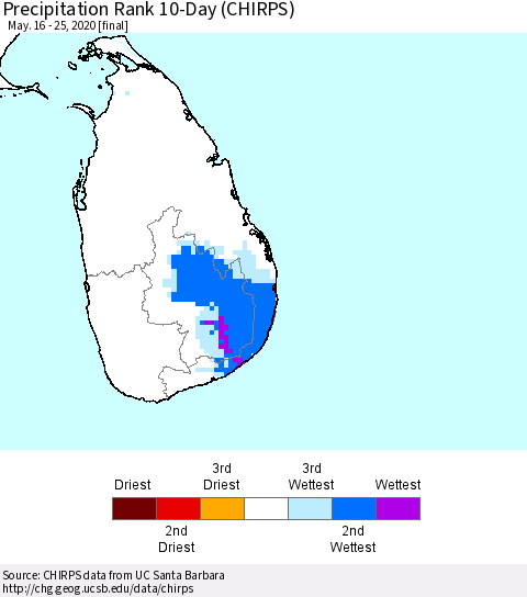 Sri Lanka Precipitation Rank 10-Day (CHIRPS) Thematic Map For 5/16/2020 - 5/25/2020