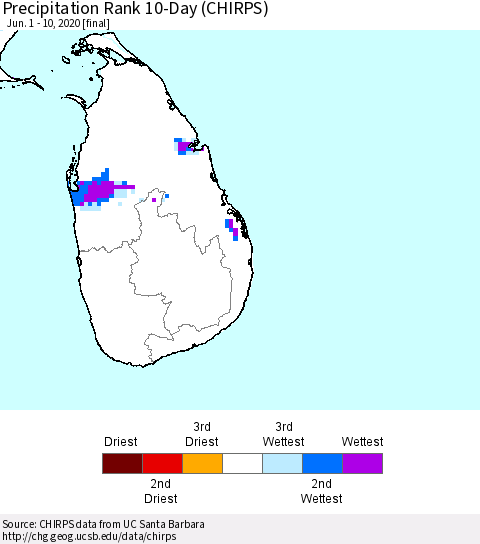 Sri Lanka Precipitation Rank since 1981, 10-Day (CHIRPS) Thematic Map For 6/1/2020 - 6/10/2020