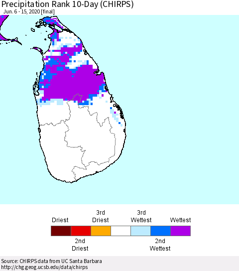 Sri Lanka Precipitation Rank 10-Day (CHIRPS) Thematic Map For 6/6/2020 - 6/15/2020
