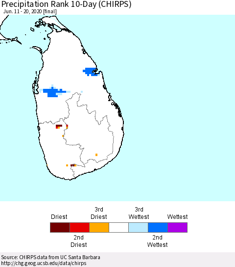 Sri Lanka Precipitation Rank 10-Day (CHIRPS) Thematic Map For 6/11/2020 - 6/20/2020