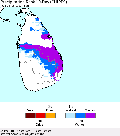 Sri Lanka Precipitation Rank 10-Day (CHIRPS) Thematic Map For 6/16/2020 - 6/25/2020