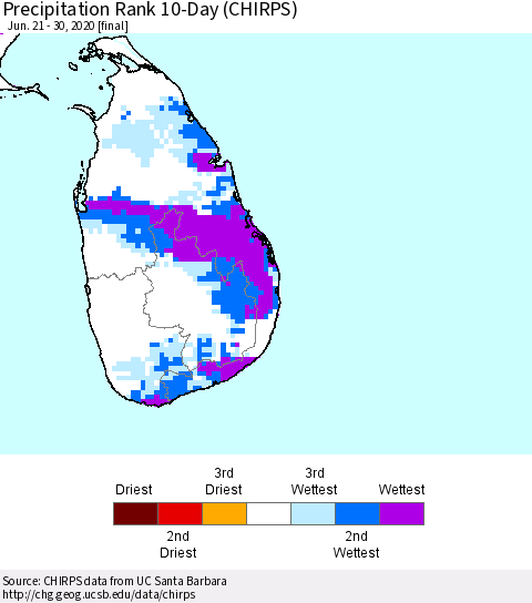 Sri Lanka Precipitation Rank 10-Day (CHIRPS) Thematic Map For 6/21/2020 - 6/30/2020
