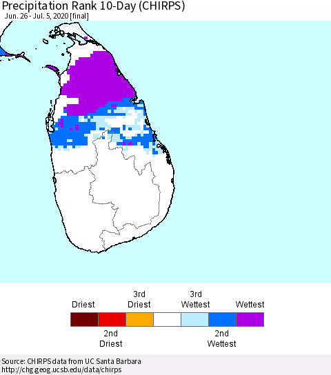Sri Lanka Precipitation Rank since 1981, 10-Day (CHIRPS) Thematic Map For 6/26/2020 - 7/5/2020