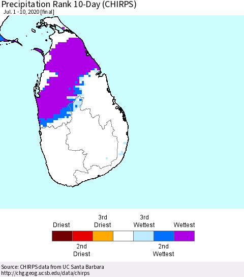 Sri Lanka Precipitation Rank since 1981, 10-Day (CHIRPS) Thematic Map For 7/1/2020 - 7/10/2020