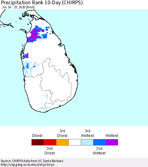Sri Lanka Precipitation Rank 10-Day (CHIRPS) Thematic Map For 7/16/2020 - 7/25/2020