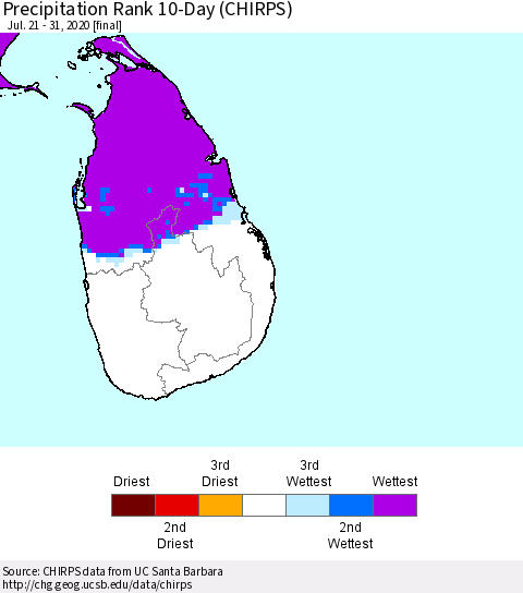 Sri Lanka Precipitation Rank since 1981, 10-Day (CHIRPS) Thematic Map For 7/21/2020 - 7/31/2020