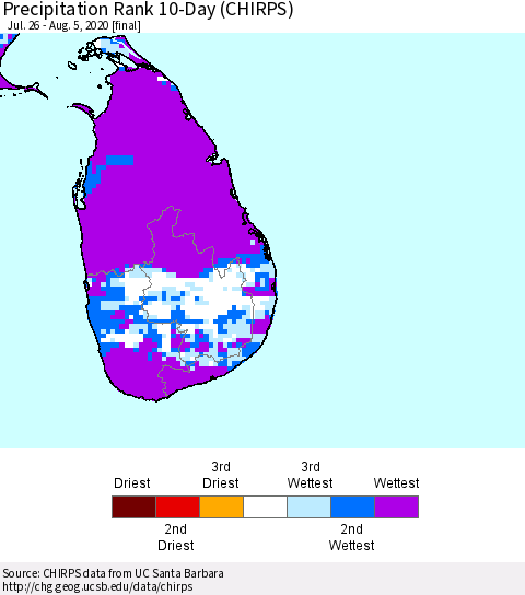 Sri Lanka Precipitation Rank 10-Day (CHIRPS) Thematic Map For 7/26/2020 - 8/5/2020
