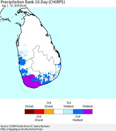 Sri Lanka Precipitation Rank 10-Day (CHIRPS) Thematic Map For 8/1/2020 - 8/10/2020