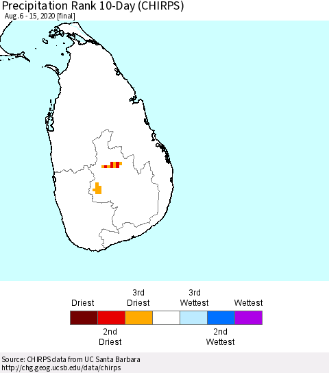 Sri Lanka Precipitation Rank 10-Day (CHIRPS) Thematic Map For 8/6/2020 - 8/15/2020