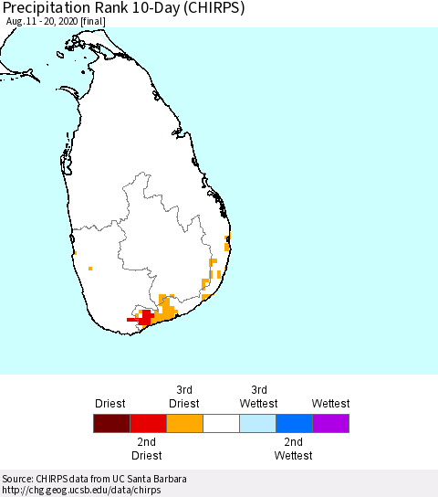 Sri Lanka Precipitation Rank 10-Day (CHIRPS) Thematic Map For 8/11/2020 - 8/20/2020