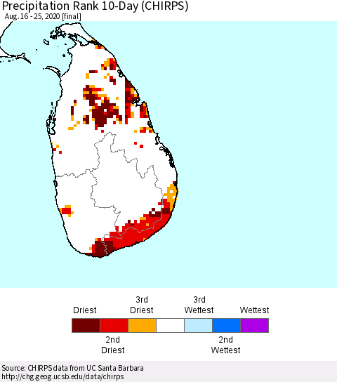 Sri Lanka Precipitation Rank 10-Day (CHIRPS) Thematic Map For 8/16/2020 - 8/25/2020