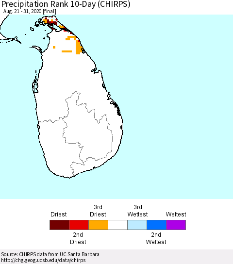 Sri Lanka Precipitation Rank since 1981, 10-Day (CHIRPS) Thematic Map For 8/21/2020 - 8/31/2020