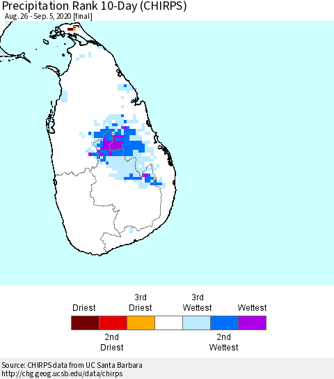 Sri Lanka Precipitation Rank since 1981, 10-Day (CHIRPS) Thematic Map For 8/26/2020 - 9/5/2020
