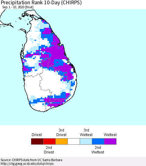 Sri Lanka Precipitation Rank since 1981, 10-Day (CHIRPS) Thematic Map For 9/1/2020 - 9/10/2020