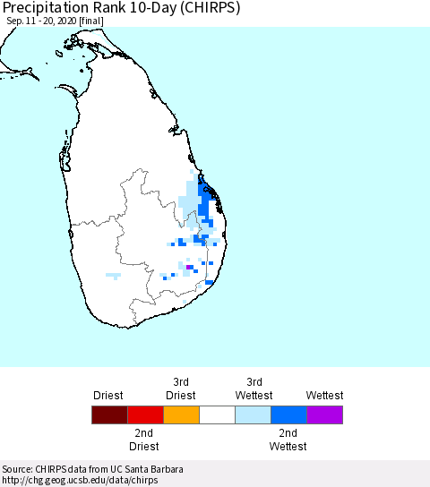 Sri Lanka Precipitation Rank since 1981, 10-Day (CHIRPS) Thematic Map For 9/11/2020 - 9/20/2020
