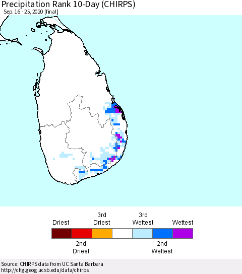Sri Lanka Precipitation Rank 10-Day (CHIRPS) Thematic Map For 9/16/2020 - 9/25/2020