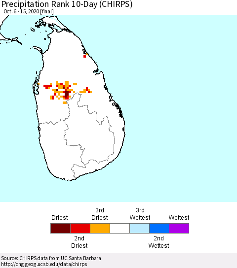 Sri Lanka Precipitation Rank since 1981, 10-Day (CHIRPS) Thematic Map For 10/6/2020 - 10/15/2020