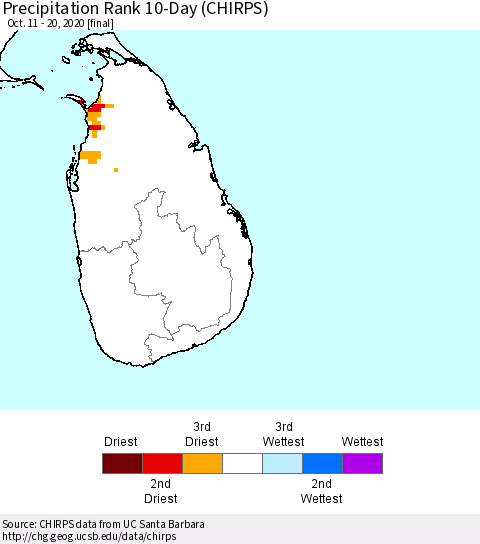 Sri Lanka Precipitation Rank since 1981, 10-Day (CHIRPS) Thematic Map For 10/11/2020 - 10/20/2020