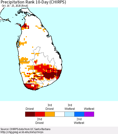Sri Lanka Precipitation Rank since 1981, 10-Day (CHIRPS) Thematic Map For 10/16/2020 - 10/25/2020