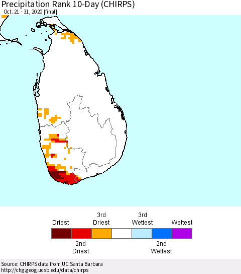 Sri Lanka Precipitation Rank since 1981, 10-Day (CHIRPS) Thematic Map For 10/21/2020 - 10/31/2020
