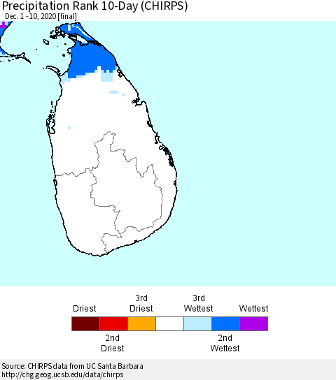 Sri Lanka Precipitation Rank since 1981, 10-Day (CHIRPS) Thematic Map For 12/1/2020 - 12/10/2020