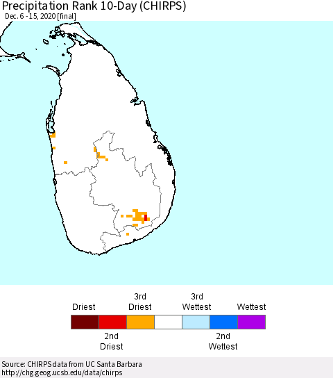 Sri Lanka Precipitation Rank since 1981, 10-Day (CHIRPS) Thematic Map For 12/6/2020 - 12/15/2020