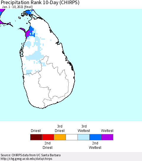 Sri Lanka Precipitation Rank 10-Day (CHIRPS) Thematic Map For 1/1/2021 - 1/10/2021