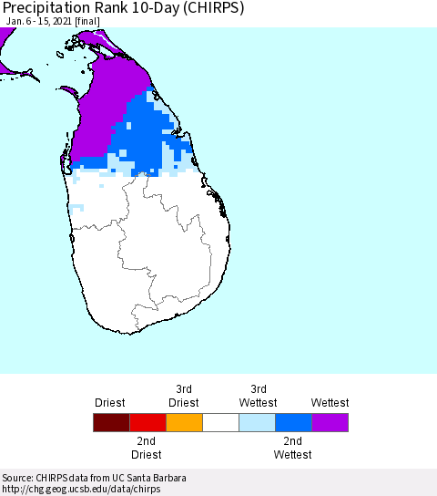 Sri Lanka Precipitation Rank since 1981, 10-Day (CHIRPS) Thematic Map For 1/6/2021 - 1/15/2021