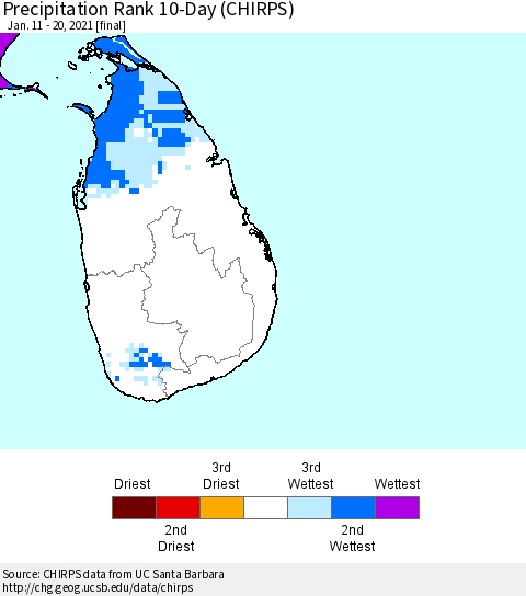 Sri Lanka Precipitation Rank since 1981, 10-Day (CHIRPS) Thematic Map For 1/11/2021 - 1/20/2021