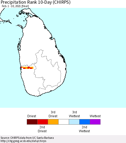 Sri Lanka Precipitation Rank since 1981, 10-Day (CHIRPS) Thematic Map For 2/1/2021 - 2/10/2021