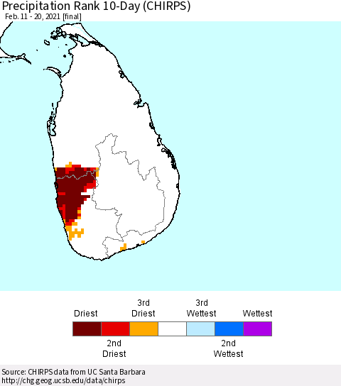 Sri Lanka Precipitation Rank since 1981, 10-Day (CHIRPS) Thematic Map For 2/11/2021 - 2/20/2021