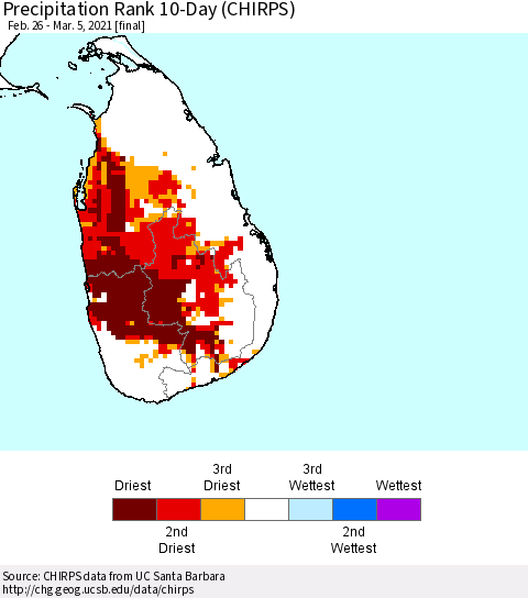 Sri Lanka Precipitation Rank since 1981, 10-Day (CHIRPS) Thematic Map For 2/26/2021 - 3/5/2021