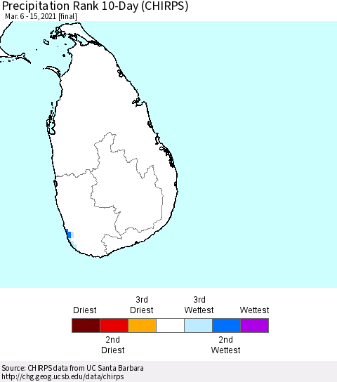 Sri Lanka Precipitation Rank since 1981, 10-Day (CHIRPS) Thematic Map For 3/6/2021 - 3/15/2021
