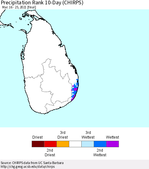 Sri Lanka Precipitation Rank since 1981, 10-Day (CHIRPS) Thematic Map For 3/16/2021 - 3/25/2021