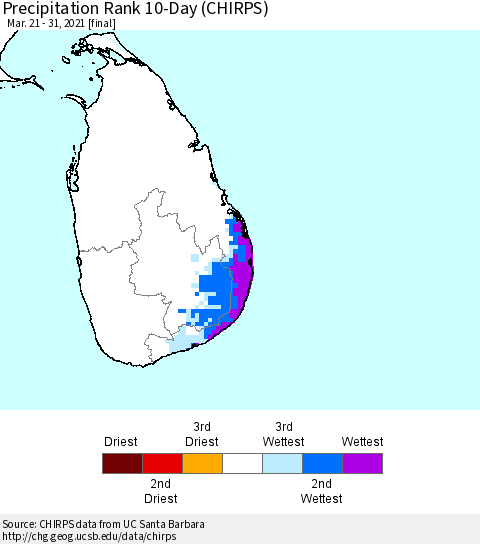 Sri Lanka Precipitation Rank since 1981, 10-Day (CHIRPS) Thematic Map For 3/21/2021 - 3/31/2021