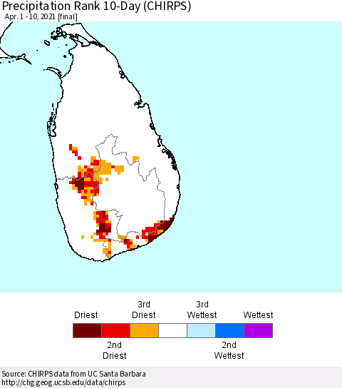 Sri Lanka Precipitation Rank since 1981, 10-Day (CHIRPS) Thematic Map For 4/1/2021 - 4/10/2021